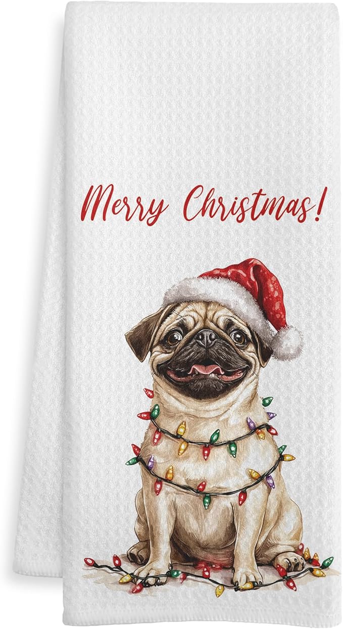Pug Christmas Kitchen Towels, Pug Gifts for Women Men Dish Tea Towels, Dog Lover Gifts Decorative Hand Towel for Bathroom, Christmas Bathroom Decor, 16X24 Inch