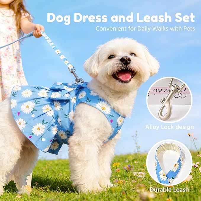 BAEJMJK Dog Dress Bowknot Harness Leash Set for Small Dogs Cats Daisy Floral Girl Dog Dresses Cute Puppy Princess Clothes Pet Doggy Outfits Spring Summer Breathable Dresses(Blue,Small)