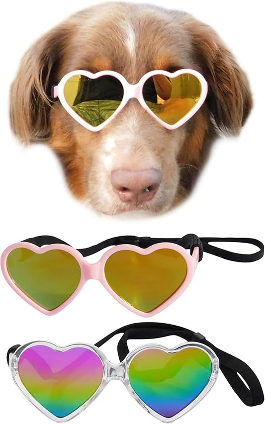 G012 Dog Pet Costume Prop Sunglasses Heart Shape Medium Breeds 20lb-40lbs (2-Pack Clear-Rainbow mr+Pink-Pink mr)