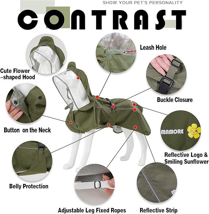 MAMORE Dog Raincoat Waterproof Dog Rain Jacket with Cute Hood for Small Medium Large Dogs Puppy Poncho Reflective Adjustable (Army Green, Small)