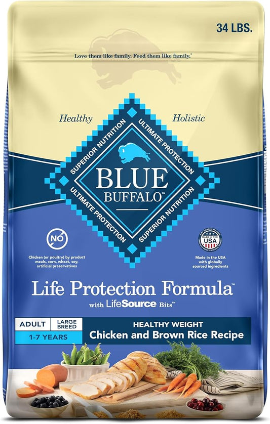 Blue Buffalo Life Protection Formula Healthy Weight Large Breed Adult Dry Dog Food for Weight Control, Made with Natural Ingredients, Chicken & Brown Rice Recipe, 34-lb Bag