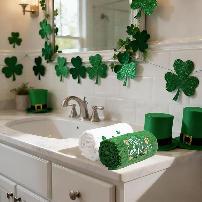 Whaline St. Patrick's Day Hand Towels Embroidered Cotton Bathroom Towel Dog Shamrock Clover Absorbent Bath Towel for Kitchen Dish Drying Cleaning Cooking, 29.5 x 13.7 Inch, 2Pcs