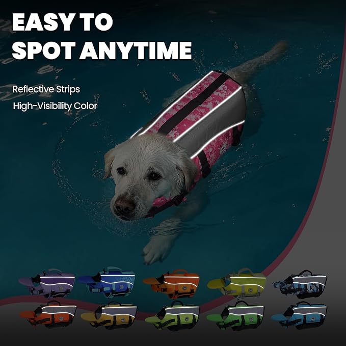 VIVAGLORY Front Float Dog Life Vest, Dog Life Jacket for Swimming & Boating, Swimming Vest with Chin Float & Handle, Ripstop & Buoyancy for Puppy Doggy, M, Camo Pink