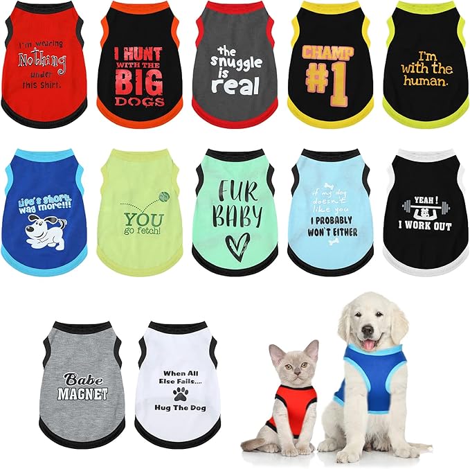 12 Pieces Dog Shirts Pet Printed Clothes with Funny Letters Summer Pet T Shirts Cool Puppy Vest Breathable Dog Outfit Soft Cat Sweatshirt for Chihuahuas Cats Accessories, 12 Styles(Large)