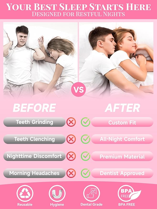 Pink Night Guards for Teeth Grinding, Comfortable Mouth Guards with 2 Mirror Storage Cases
