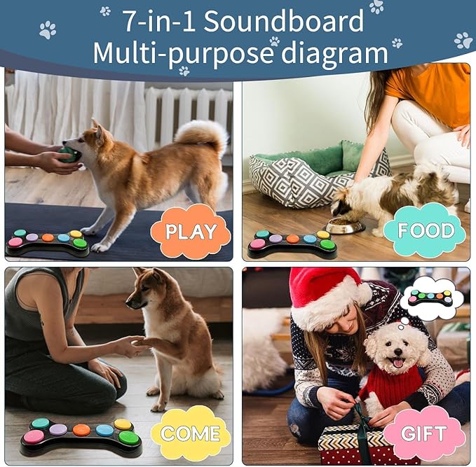 RIBOSY Dog Buttons for Communication, 7 in 1 Dog Talking Button Set, Recordable Training Buzzers for Dogs with 50 Scene Stickers (Battery Included)