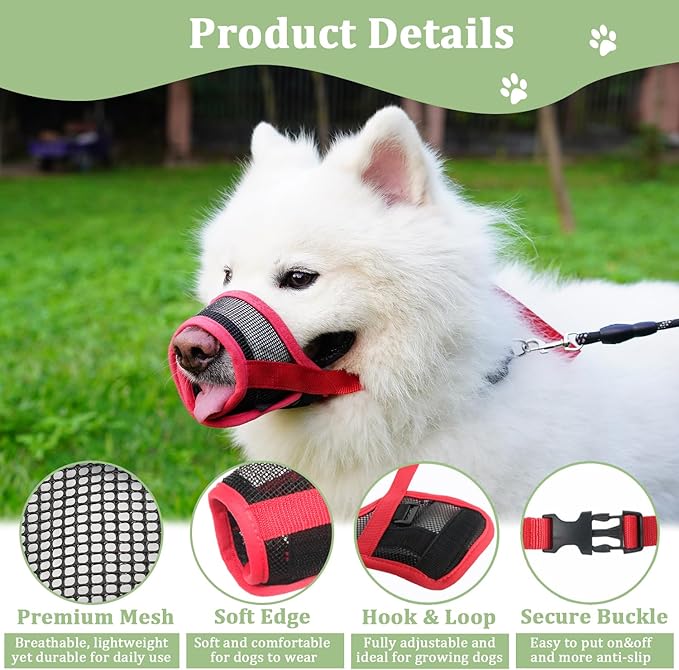 Mayerzon Dog Muzzle, Breathable Mesh Puppy Muzzles with Adjustable Hook and Loop for Small Medium Large Dogs Poodle Border Collie Labrador Retriever for Biting Chewing Trimming (L, Red)