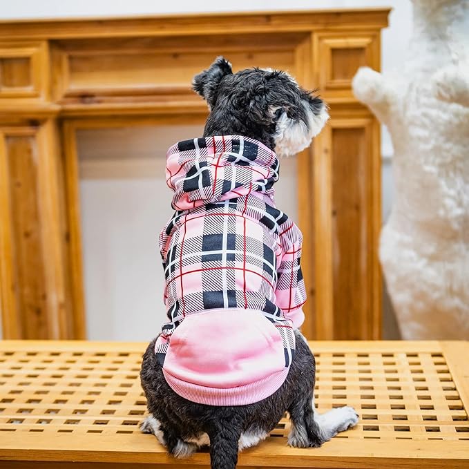 EXPAWLORER Plaid Dog Hoodie - British Style Warm Dog Sweater Shirt with Leash Hole,Pitbull Clothes Outfits,Winter Coat Apparel for All Breeds Puppy Girl Boy-Cat Apparel,Pink Small
