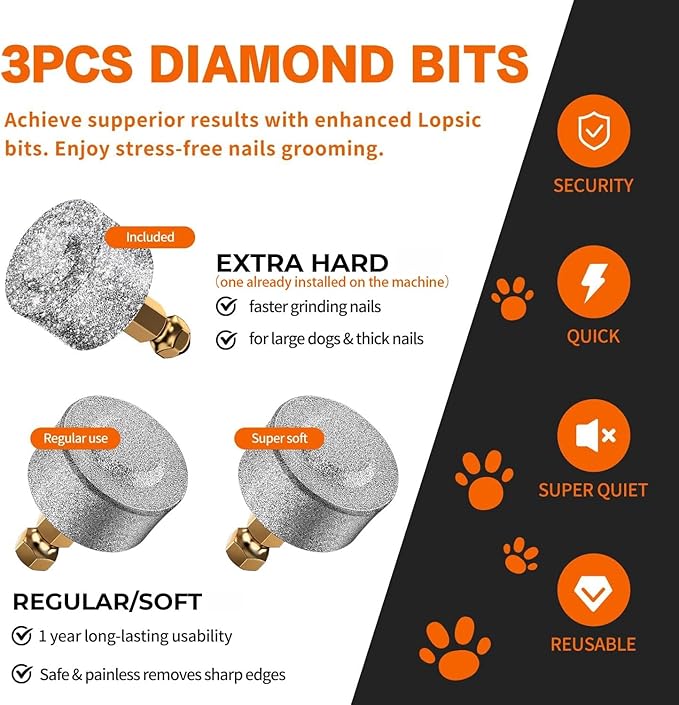 Whisper Quiet Dog Nail Grinder with LED Light, Safe & Stress-Free for Sensitive Dogs of All Breeds & Sizes, 3 Grinding Bits, 3-Speed, Pet Nail Trimmers, Rechargeable Painless Grooming Kit Grey