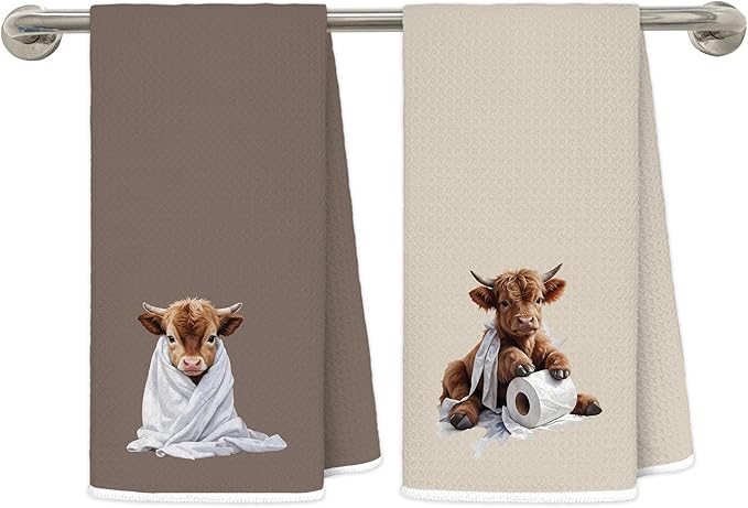 Highland Cow Bathroom Decor Hand Towels, Highlander Cow Gifts, Funny Bathrobe Toilet Paper Heifer Decorative Hand Towels for Kids Guest Bathroom Washroom Half Bath, 16x24 Inch Set of 2