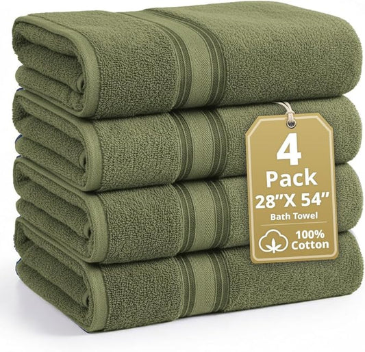 Lane Linen 100% Cotton 4 Pack Bath Towels (28"x54") - Zero Twist, Mercerized Cotton Bathroom Towels Set - Quick Dry, Very Soft & Absorbent Large Bath Towels - Tumble Dry Regains Fluffiness - Oil Green