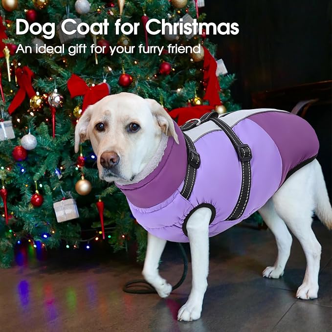 SUNFURA Small Dog Coat with Harness Built-in, Warm Dog Jacket with Zip, Reflective Winter Coat Pet Sweater Clothes for Small Dogs Schnauzer, Yorkshire Terrier, Shih Tzu, Purple S