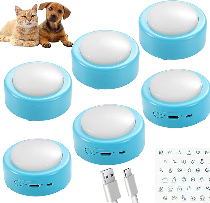 Rechargeable Cat Talking Buttons (6-Pack), 200g Easy-Press for Small Dogs & Cats Communication, Recordable Buttons for Pet Voice Speech, 24s Clear Audio, Stickers & Gift Box - Blue