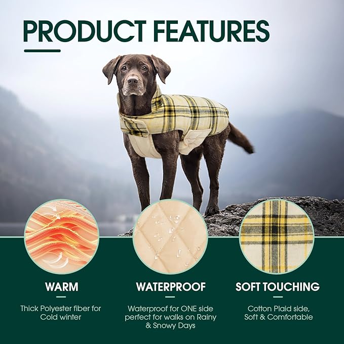 Kuoser Waterproof Dog Coat, Reversible Dog Jacket for Large Dogs, Adjustable Durable Doggie Winter Coat for Groowing Puppies Warm Puppy Cold Weather Apparel, Yellow L