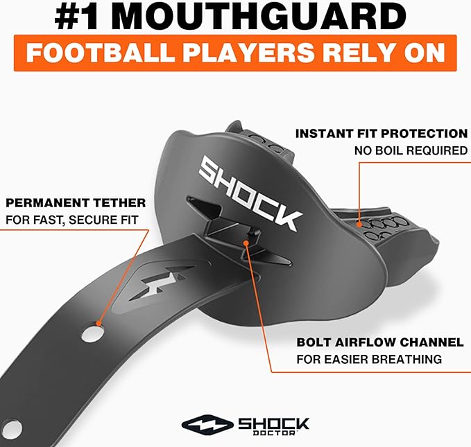 Shock Doctor Bolt Lipguard, Adult Mouth Guard Football with Strap. Mouthguard One Size Fits All