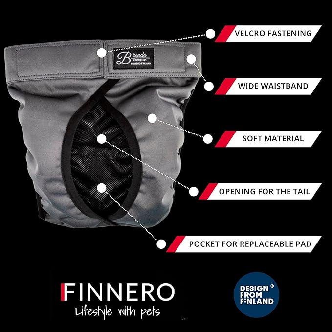FINNERO Brenda Reusable Dog Diaper, Leak-Proof, Adjustable, Heat & Incontinence Protection, XS – Gray