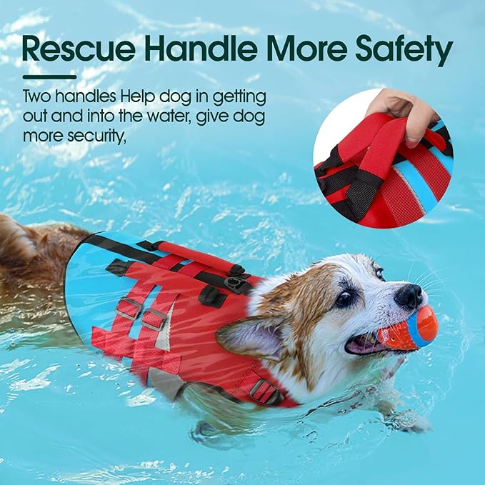 Kuoser Dog Life Jacket with Rescue Handle, High Flotation Dogs Swim Vest with Reflective Strips,Adjustable Dog Life Vest for Swimming, Boating, Pool&Beach, Doggy Lifejacket for Small Medium Large Dogs