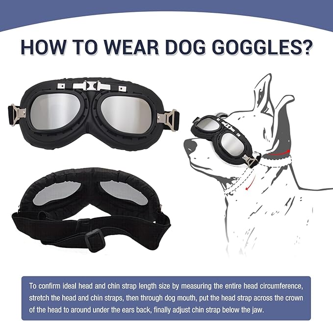 Lightweight Pets Vintage Sunglasses Include Eyeglass Cleaning Cloth for Medium to Large Dogs UV Goggles Windproof Anti-Dust Snowproof Motorcycle Riding Glasses with Adjustable Straps Silver