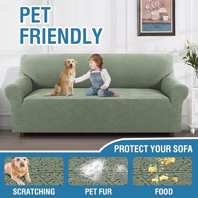 H.VERSAILTEX Jacquard Slip Covers for Sofas/Couches 1 Piece Super Stretch Sofa Covers Anti-Slip Furniture Protector Soft Thickened Dogs Slipcovers Washable Damask Pattern(Sofa, Sea Grass)