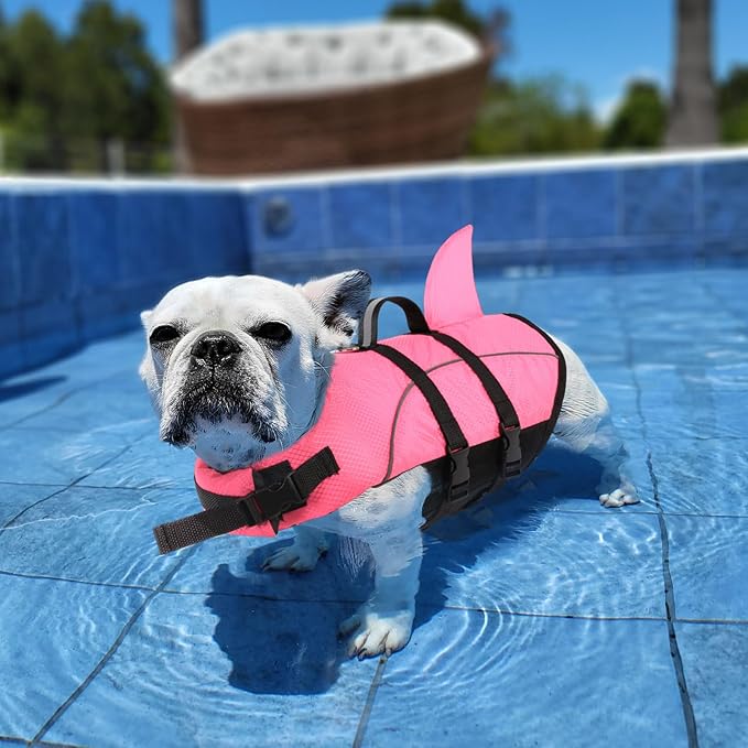 Queenmore Small Dog Life Jacket,Shark Dog Life Vest for Swimming,Puppy Light Life Preserver for Boating Kayaking Canoeing,Pet Reflective Lifesaver with High Buoyancy,Rescue Handle,Leash Hook (Pink,S)