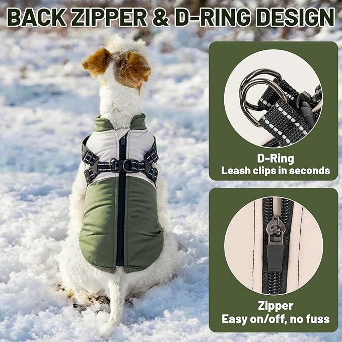 Dog Winter Coat for Small & Medium Dogs, Waterproof Dog Coat with Harness, Puppies Windproof Puppy Puffer Jacket, Snowsuit for Dachshund, Frenchie, Corgi (Classic Green,2XL)