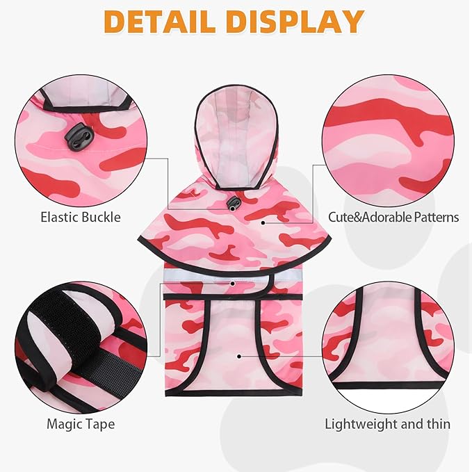 KOOLTAIL Dog Raincoat Hooded Slicker Poncho with Leash Hole, Dog Raincoat for Small Medium Dogs,Waterproof Plush Fleece Lining Pet Rain Jacket with Reflective Adjustable Strip Puppy Rainwear Camo S
