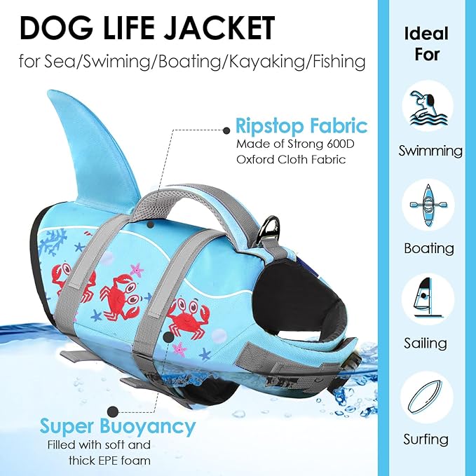 AOFITEE Dog Life Jacket, Dog Life Vest for Swimming, Shark Dogs Swimming Vest with Rescue Handle and Reflective Stripe, Ripstop Pet Float Coat Swimsuit Lifesaver Small Medium Large Dogs Blue Crab XL