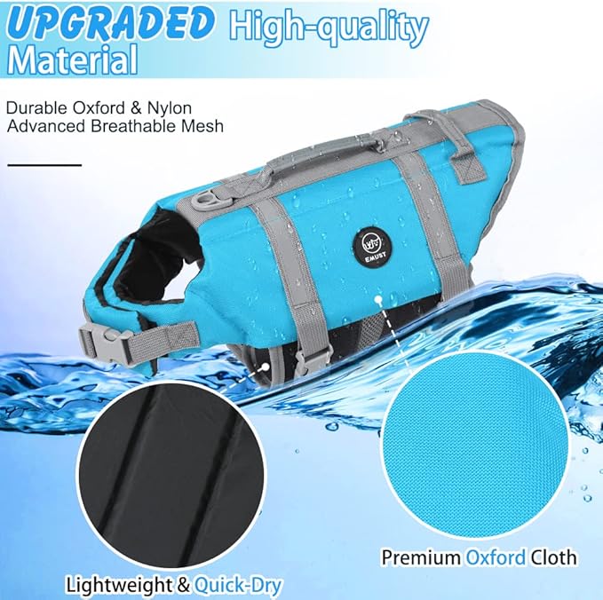 EMUST Dog Life Vests, Adjustable Pet Life Jacket with Rescue Handle, Dog Flotation Vest for Small/Medium/Large Dogs, XS, NewSolidblue