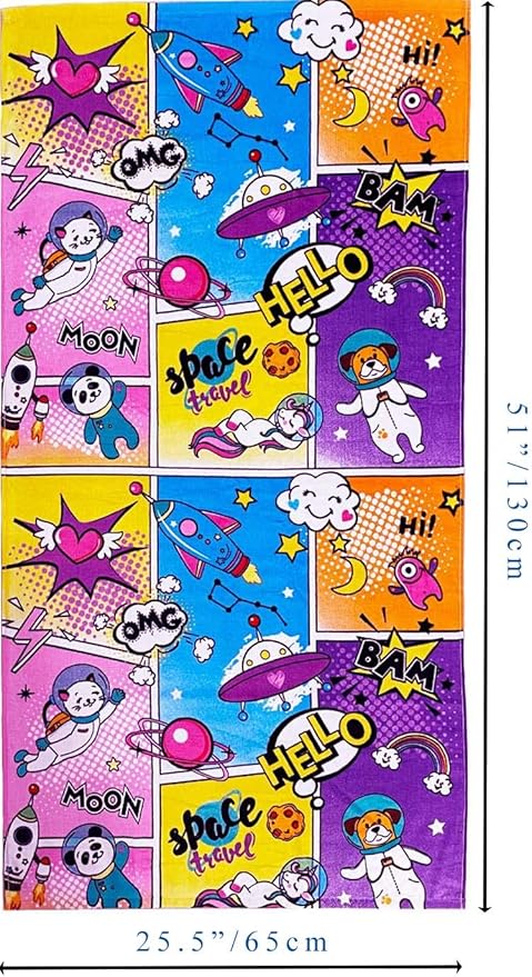 YIFONTIN Kids Beach Towel Soft Absorbent Velour Throw Blanket 100% Cotton 51.0"x25.5" Gift for Bath Swimming Sports Camping Picnic Travel Vacation, Space Planet Rocket Unicorn Bear Panda UFO.