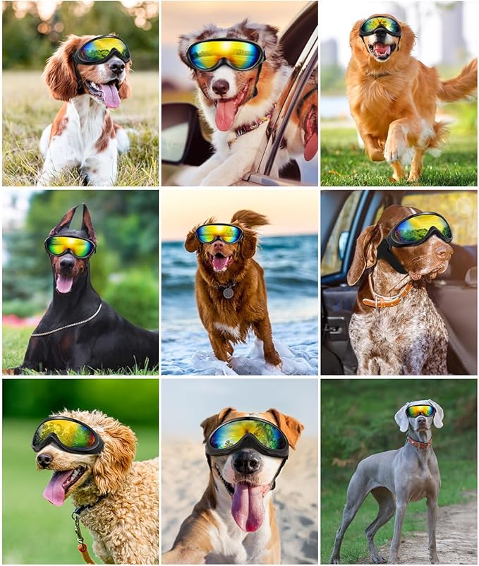 Lewondr Dog Goggles Medium Large Breed, Dog Sunglasses with Adjustable Straps and Soft Sponge Pad, UV/Wind/Dust/Fog/Snow Dog Eye Protection Sunglasses for Outdoor Driving Riding, Black