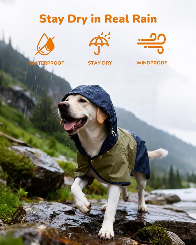 Waterproof Dog Raincoat with Hood, Extended Coverage Rain Jacket for Medium Dogs, Wind-Resistant Secure Fit with Leg Straps, Reflective, Leash Hole, Easy Hook & Loop Fastener On/Off, Blue, M