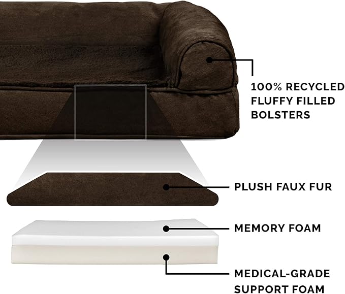 Furhaven Memory Foam Dog Bed for Medium/Small Dogs w/ Removable Bolsters & Washable Cover, For Dogs Up to 35 lbs - Plush & Suede Sofa - Espresso, Medium