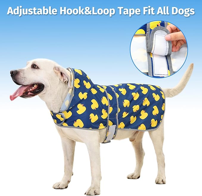 Dog Raincoat for Large Dogs Waterproof Jacket Hooded Rain Coats with Reflective Strips Leash Hole & Poncho Adjustable Fit (Duck,XL)