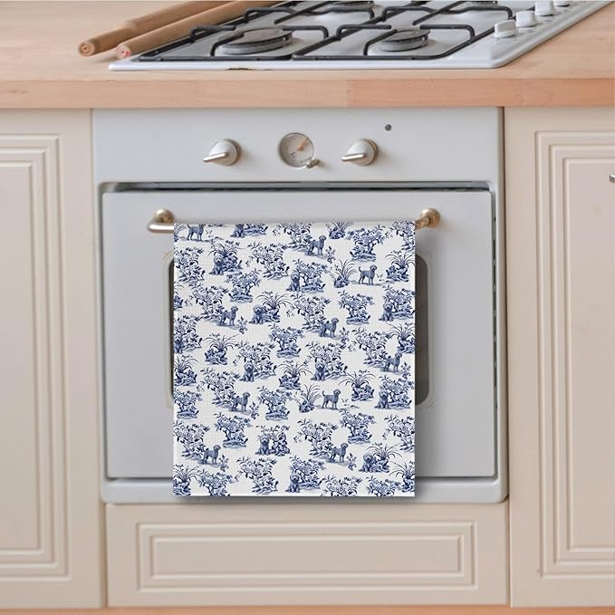 Blue Chinoiserie Labradoodle Kitchen Towels, Doodle Gifts for Women Dish Tea Towels for Kitchen Decor, Chinoiserie Poodle Hand Towels for Bathroom, 16x24 Inches