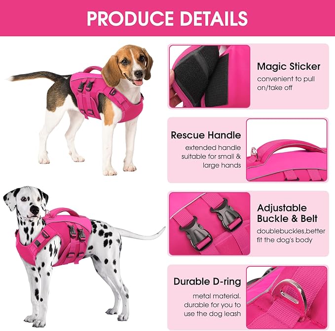 Queenmore Dog Life Jacket, Adjustable Ripstop Dog Life Vest for Swimming Boating, Pet Lifesaver with Superior Buoyancy and Rescue Handle, Pet Swimming Safety Vest(Rosered,L)