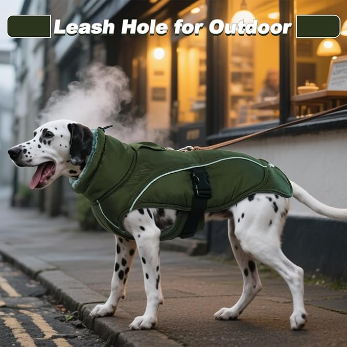 DENTRUN Winter Warm Dog Coat Reflective Jacket with Turtleneck for Cold Weather, Adjustable Buckle Windproof Water Repellent, Thick Snowsuit Fleece Vest for Small, Medium, Large Dogs, Green, XXXL