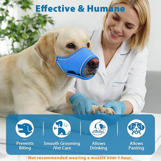 LUCKYPAW Dog Muzzle for Small Medium Large Dog Labrador Golden Retriever German Shepherd, Soft Oxford Cloth Muzzle to Prevent Biting Chewing for Training Grooming with Buckle Reflective Strip(Blue,XL)