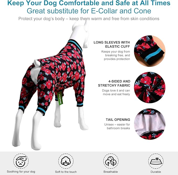 Dog Pajamas Apparel for Large Dogs - Large Dog Jammies, Floral Navy & Ruby Print, Lightweight Pullover Pet Pajamas, Full Coverage Dog Pjs,2XL