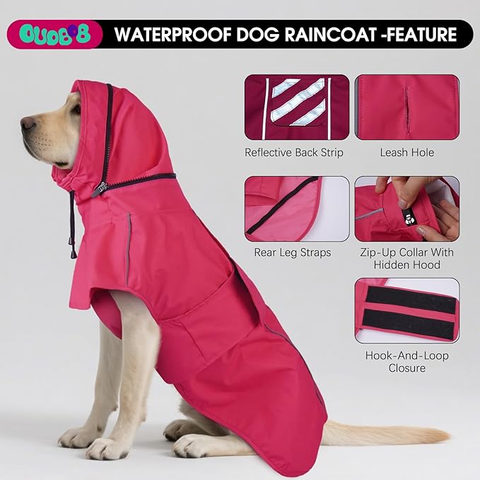 Dog Raincoat XXL, Waterproof Dog Raincoats for Large Dogs with Hood, Leash Hole, Reflect Strips, Ideal for Rain, Snow, Windy Weather & Outdoor Walks, Camping, Hiking - Pink