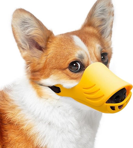 LUCKYPAW Dog Muzzle, Soft Duck Silicone Mouth Cover with Adjustable Strap for Small Medium Dogs, Best to Prevent Barking, Biting, and Chewing(Yellow,S)