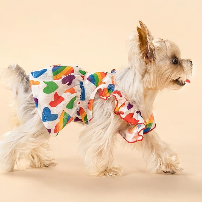 Fitwarm Colorful Heart Dog Dress, Summer Clothes for Small Dogs Girl, Cute Pet Rainbow Outfit, Red, Yellow, Blue, Green, White, XS
