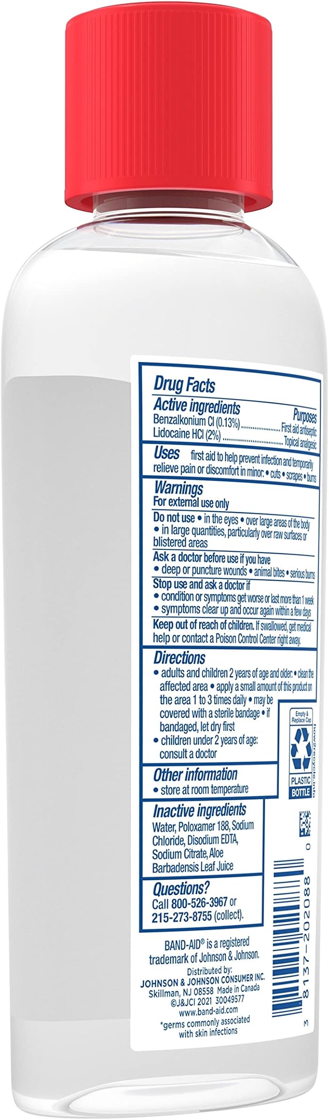 Band-Aid Brand Antiseptic Cleansing Liquid, First Aid Antiseptic Wash Relieves Pain & Kills Germs, with Benzalkonium Cl Wound Antiseptic & Lidocaine HCl Topical Analgesic, 6 fl. oz