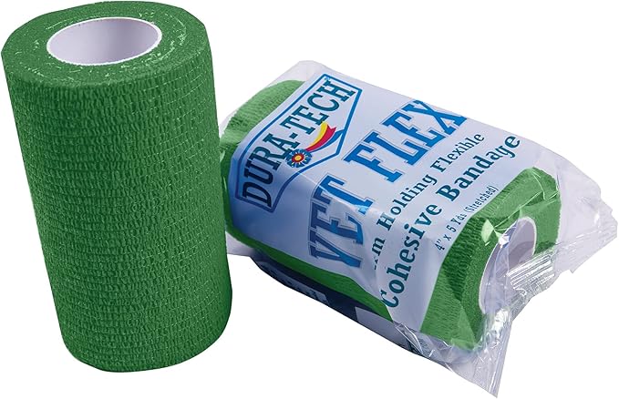 Dura-Tech Vet Flex Green Bandage First Aid Wrap | for Horses, Dogs and Others | Self-Adhesive Cohesive Tape | 4” Wide and 5 Yards of Length | Package of 18 Rolls