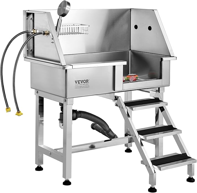 VEVOR 34" Dog Wash Station with Ramp, Durable Stainless Steel Pet Bathing Tub, Includes Storage Drawer, Faucet & Accessories, Suitable for Large to Small Dogs, Home Use Washing Basin (Right)