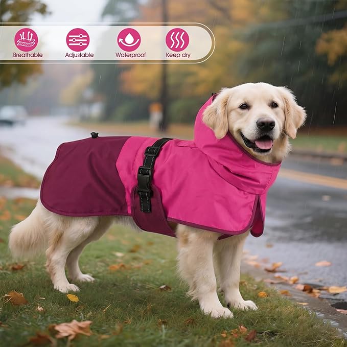 BRKURLEG Dog Raincoat Adjustable Dog Rain Jacket with Hood Dogs Waterproof Rainproof Jacket with Leash Hole Pet Poncho Rain Coat Poncho with Reflective Strip, Rose Red, XXXL