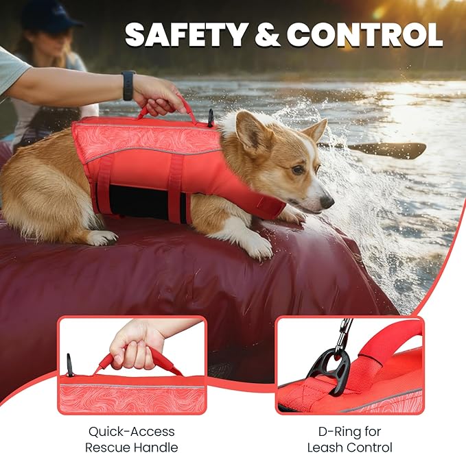 VIVAGLORY Front Float Dog Life Vest, Dog Life Jacket for Swimming & Boating, Swimming Vest with Chin Float & Handle, Ripstop & Buoyancy for Puppy Doggy, M, Red