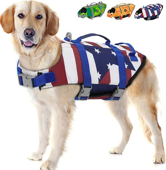 EMUST Dog Life Preserver, Dog Flotation Vest for Swimming, Beach Boating with High Buoyancy, Dogs Flotation Vest for Small/Medium/Large Dogs, M, FlagStar