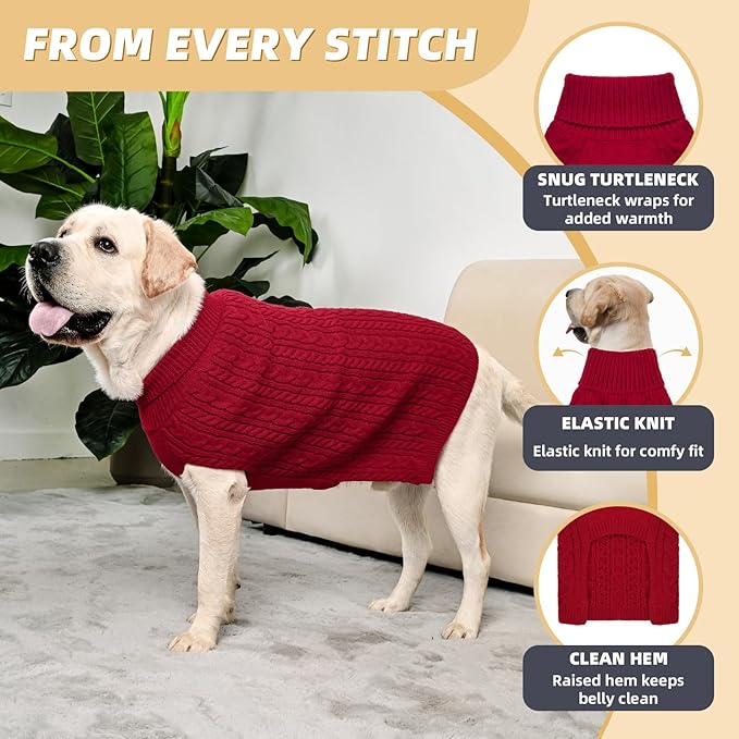 2 Pack Dog Sweaters for Big Dogs Turtleneck Pullover Cable Knit Large Size Stretch Clothes Pitbull Labrador Bulldog Doberman Boy Girl Pets Winter Clothes (XXL, Red & Brown)