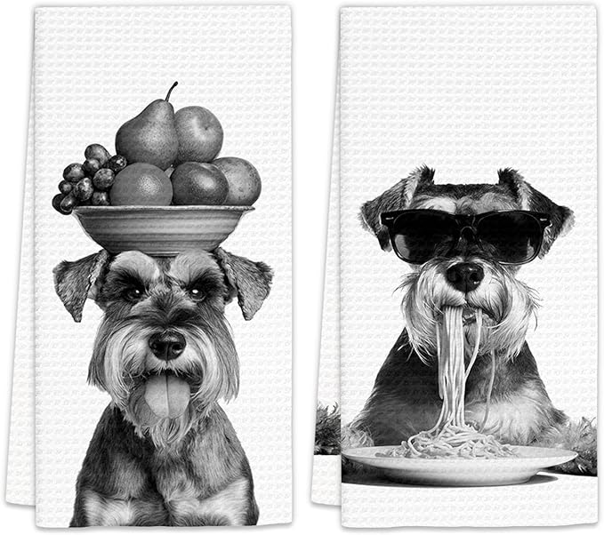 Schnauzer Gifts Funny Dog Kitchen Towels Set of 2, Dog Eating Pasta with Fruit Bowl Decorative Hand Dish Towel for Kitchen Home Bar, Gift for MiniatureSchnauzer DogLovers Home Decor(16x24Inch)
