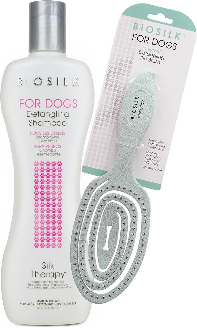 BioSilk for Dogs Detangling Pin Brush & Detangling Shampoo Bundle | Ergonomic Eco-Friendly Brush and 12 Fl Oz Shampoo | Grooming Essentials for Dogs | Sulfate & Paraben Free